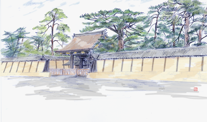 京都御所の建礼門（水彩画）ゆば長の近隣