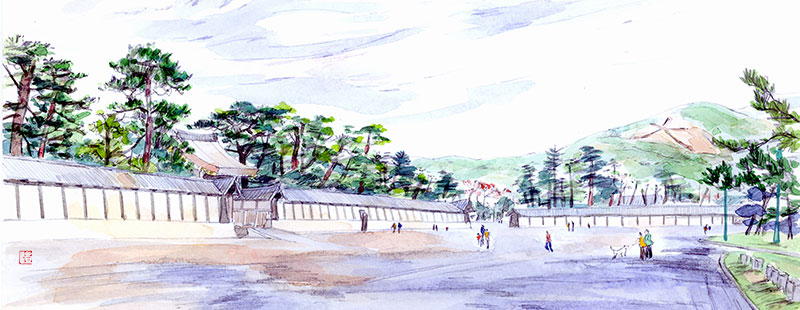 京都御所の紫宸殿の南と大文字山（水彩画）