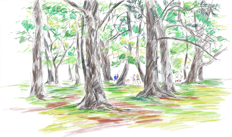 京都御所で遊ぶ子供たち(水彩画)