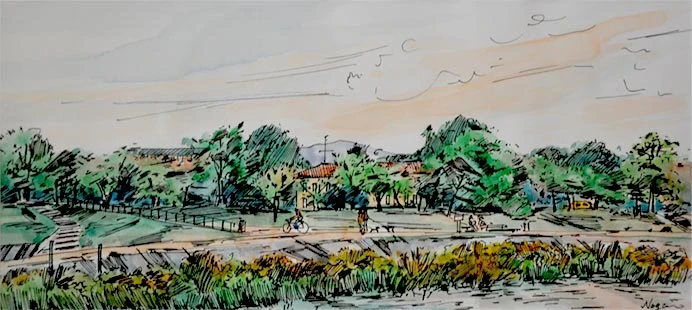 京都の鴨川の夕景（水彩画）