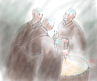 初めてゆばを食べる僧侶（水彩画）京都ゆば長