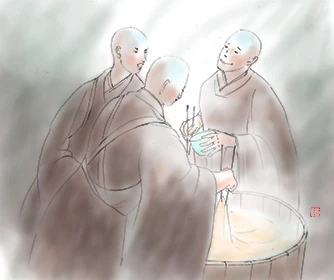 初めてゆばを食べる僧侶(水彩画)京都ゆば長