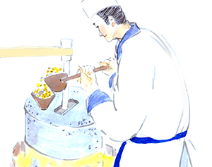 呉汁を作る様子(水彩画)