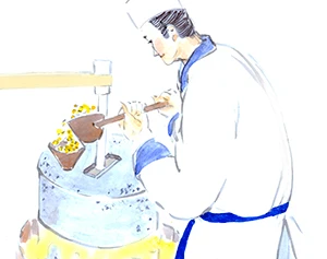 呉汁を作る様子(水彩画)ゆば長の昔の作業の様子