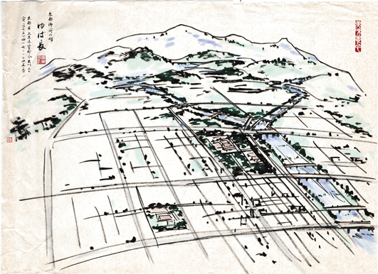 京都の町（水墨画）ゆば長の近隣の昔の様子