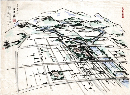 京都の町(水墨画)ゆば長の近隣の昔の様子