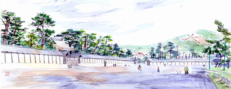 京都御所の紫宸殿の南と大文字山(水彩画)