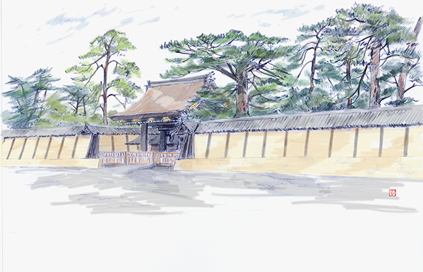 京都御所の建礼門（水彩画）